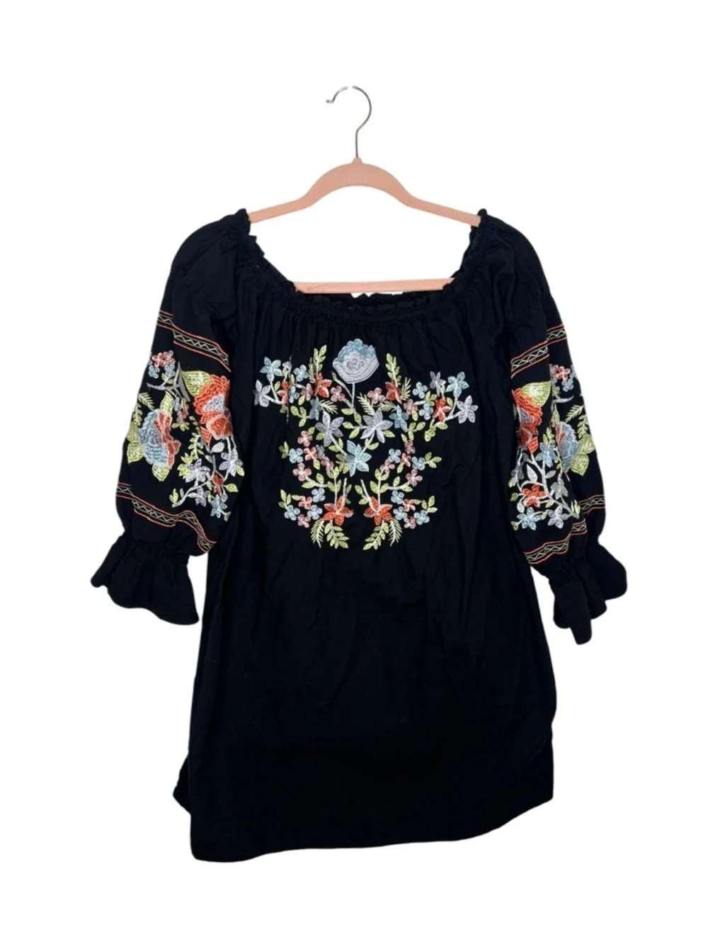 Free People Fleur Du Jour Embroidered Mini Dress Black Boho Peasant Puff Sleeve